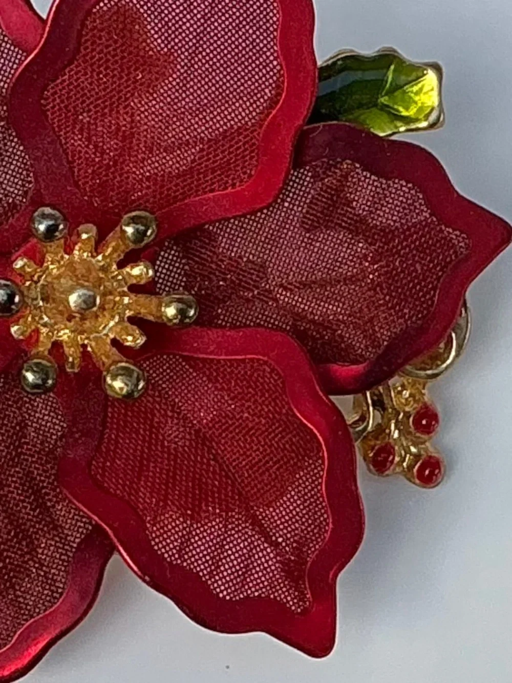 Vintage 1990s Kenneth Cole Signed Red Mesh Poinsettia Brooch Holiday Pin